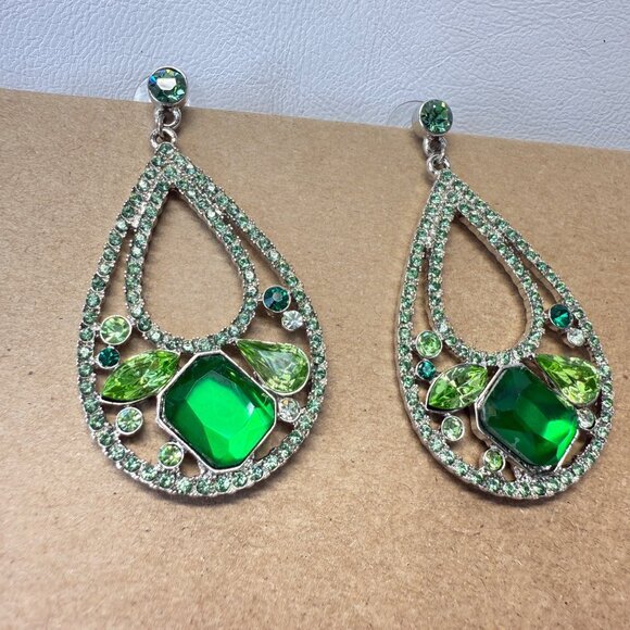 Roberta Chiarella Earrings Teardrop‎ Green Stones Signed Silver Tone Statement - Picture 7 of 10